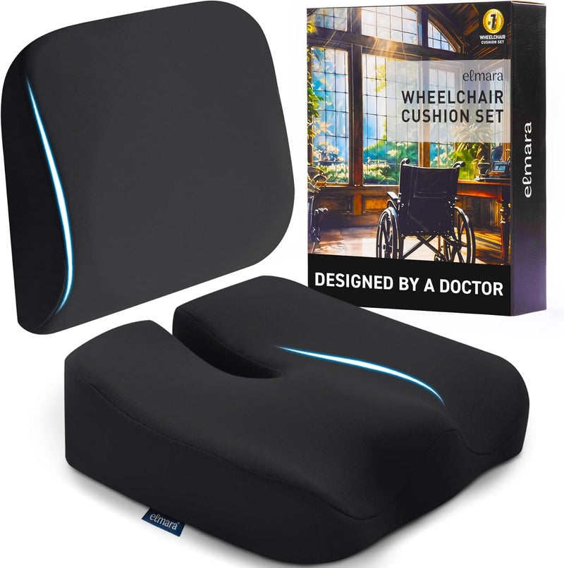 ELEMARA Doctor-Designed Wheelchair Seat Cushion Set – The Ultimate Comfort Solution – Thick Wheelchair Cushions Relieve Back & Sciatica Pain – Wheel Chair Cushions for Seniors, Wheelchair Pad (Black) - Image 1
